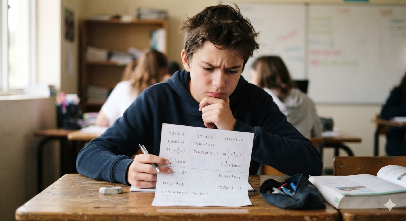Estudante refletindo sobre dificuldades de Matemática no Ensino Fundamental